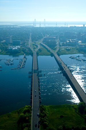 Aerial of Ashley Bridges and the Ashley River and Charleston SC